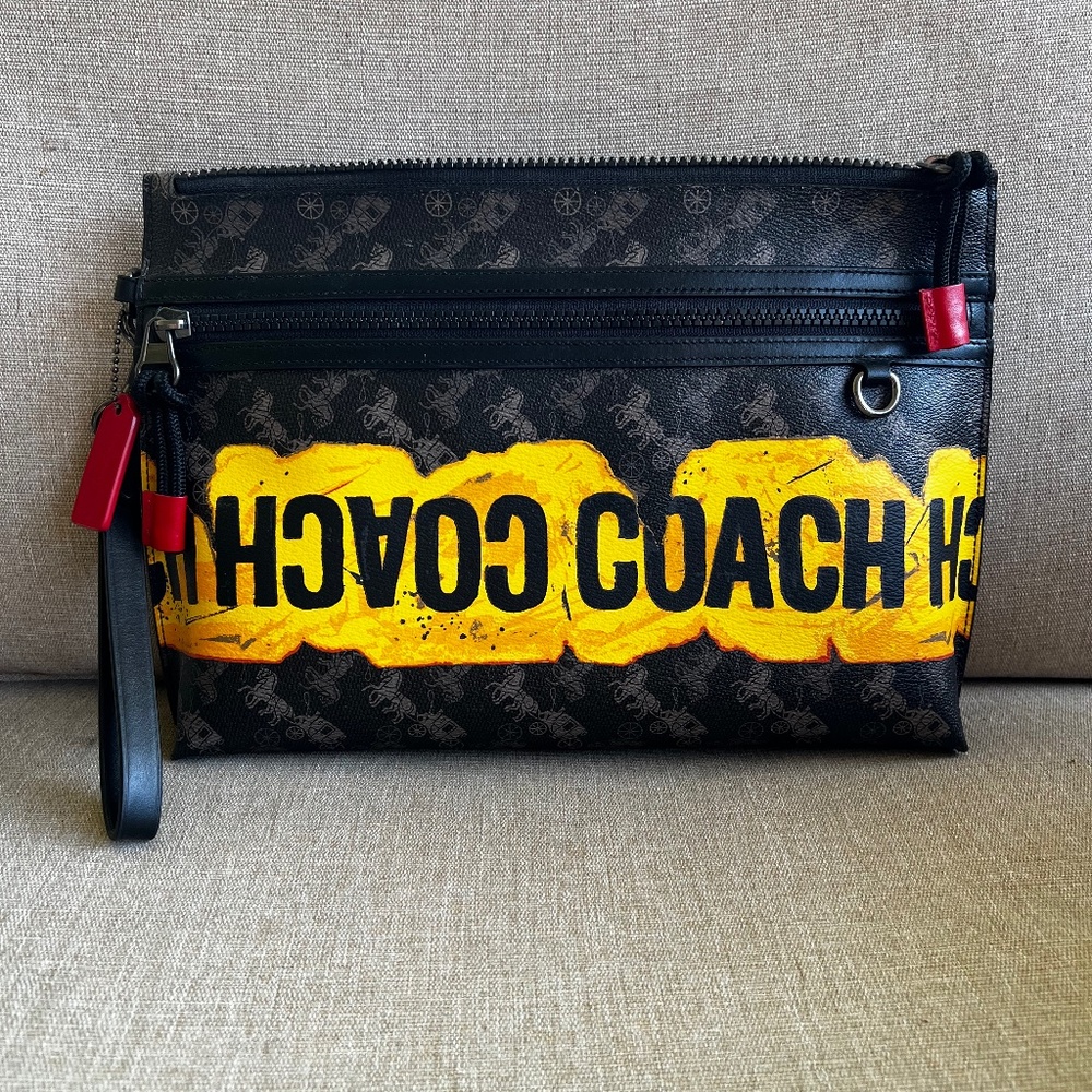 NWT Coach Carryall Pouch With Coach Yellow Tape design MFSRP$298